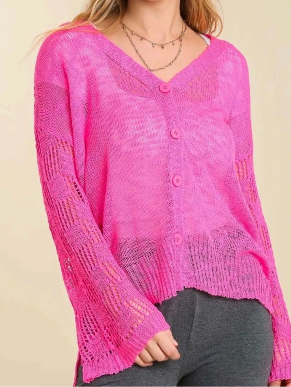 Umgee Button Down Knit Bell Sleeve Cardigan Sweater with Side Slit